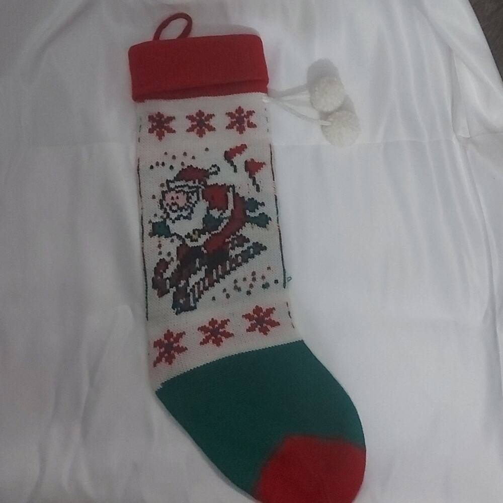 Santa Skiing Red/White/Green Christmas Stocking Winter Seasonal Holiday Whimsy